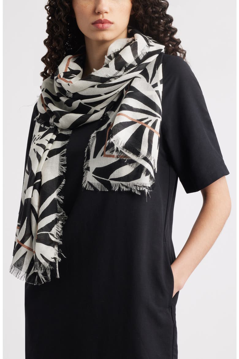 Floral Print Scarf with Eyelash Fringe, Main, color, BLACK TROPICS