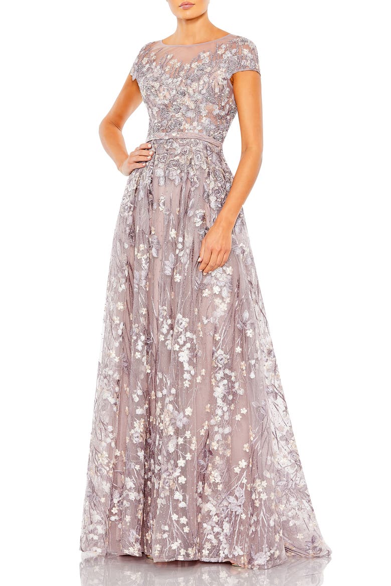 Embellished Floral Cap Sleeve A Line Gown, Main, color, LILAC