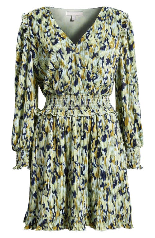 Chelsea28 Plissé Smocked Waist Long Sleeve Minidress In Blue- Green Textured Floral