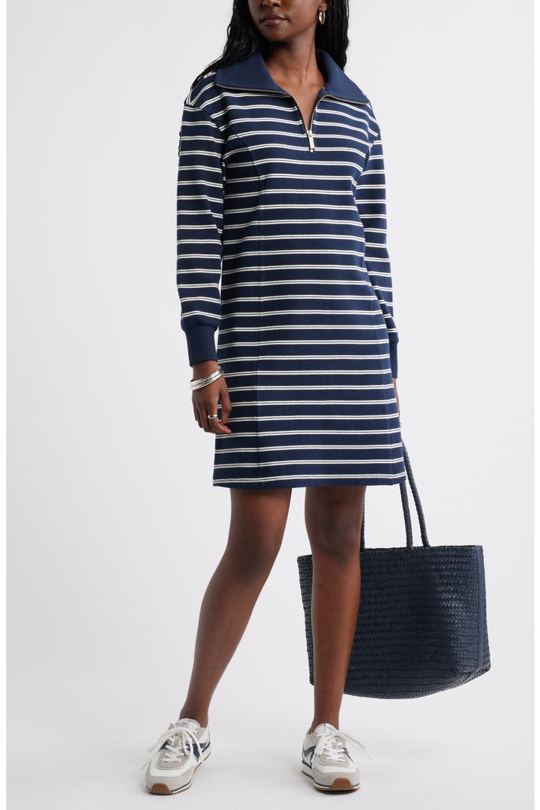 Long Sleeve Half Zip Knit Travel Dress, Alternate, color, NAVY S IVORY SABRINA STRIPE