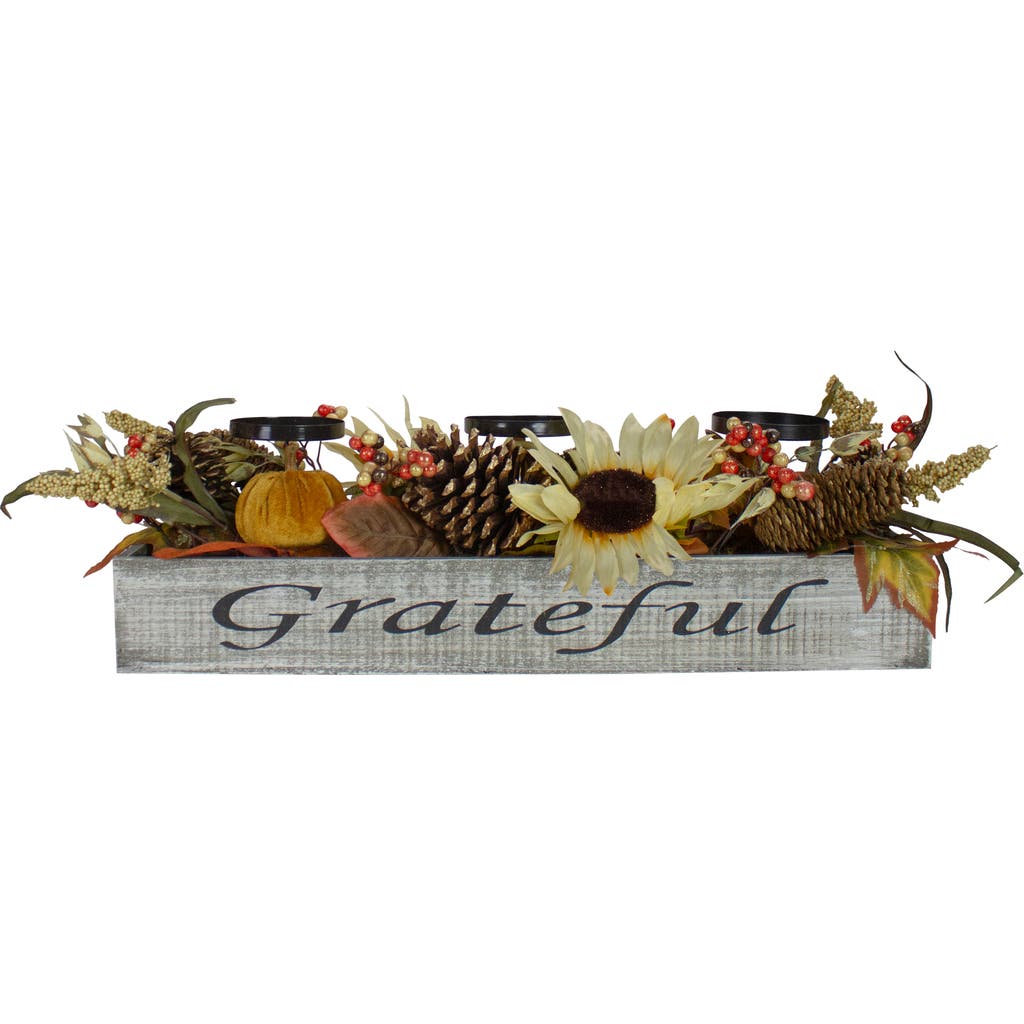Northlight Autumn Sunflower "grateful" Triple Candle Holder Centerpiece In Gray