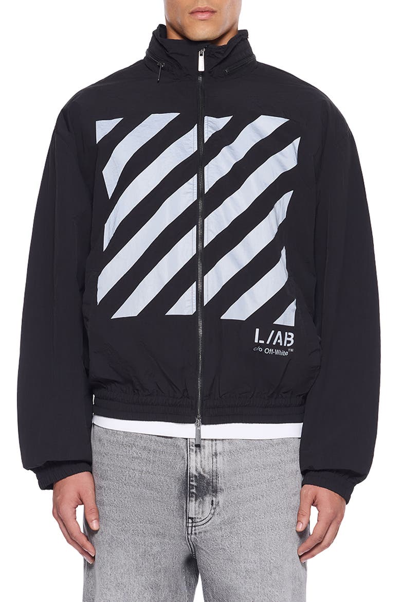 Reflective Diagonal Windbreaker Jacket, Main, color, BLACK
