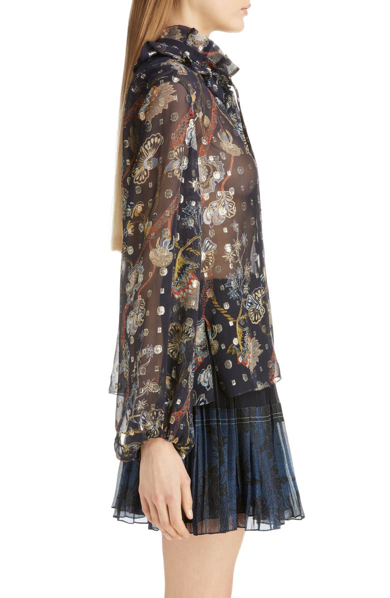 Chloé Floral Tie Neck Bishop Sleeve Silk Chiffon Blouse, Alternate, color,