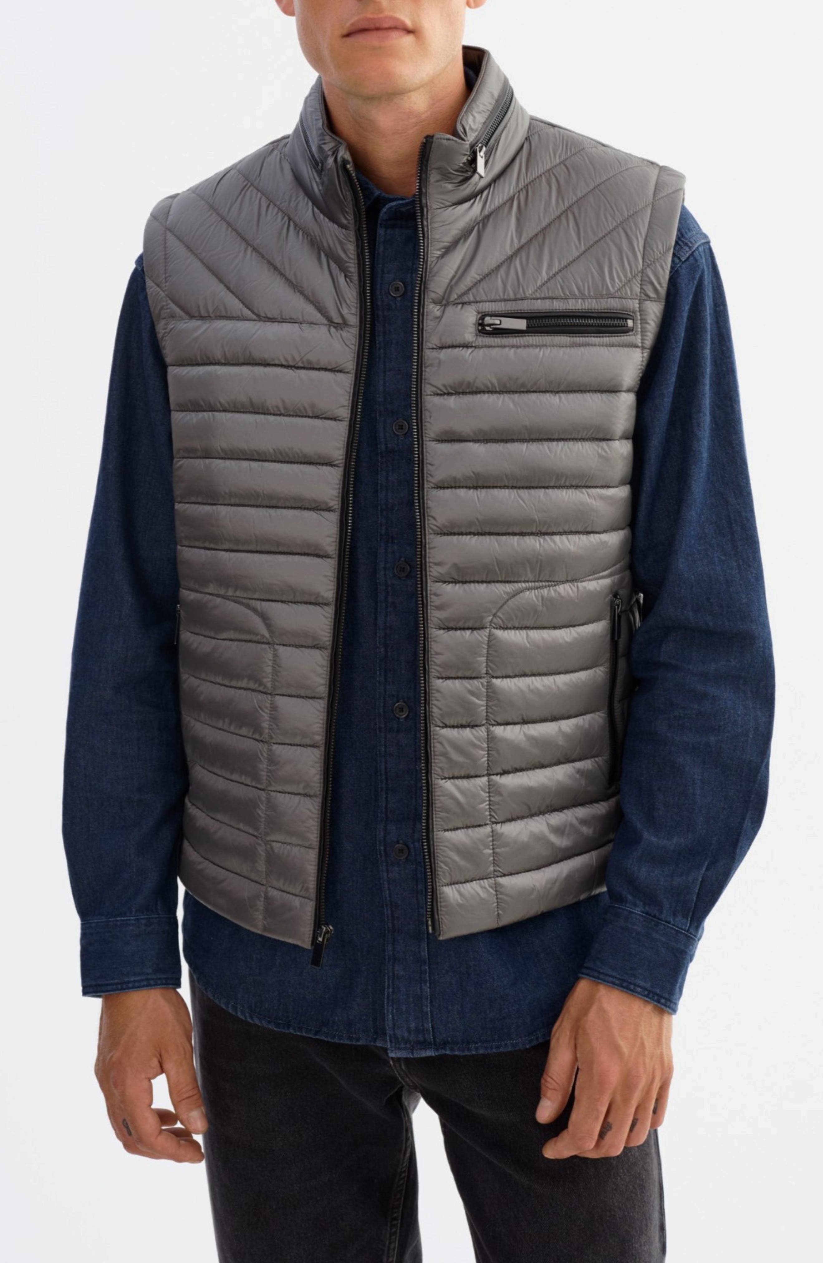 Sammy Quilted Nylon Puffer Vest with Leather Trim