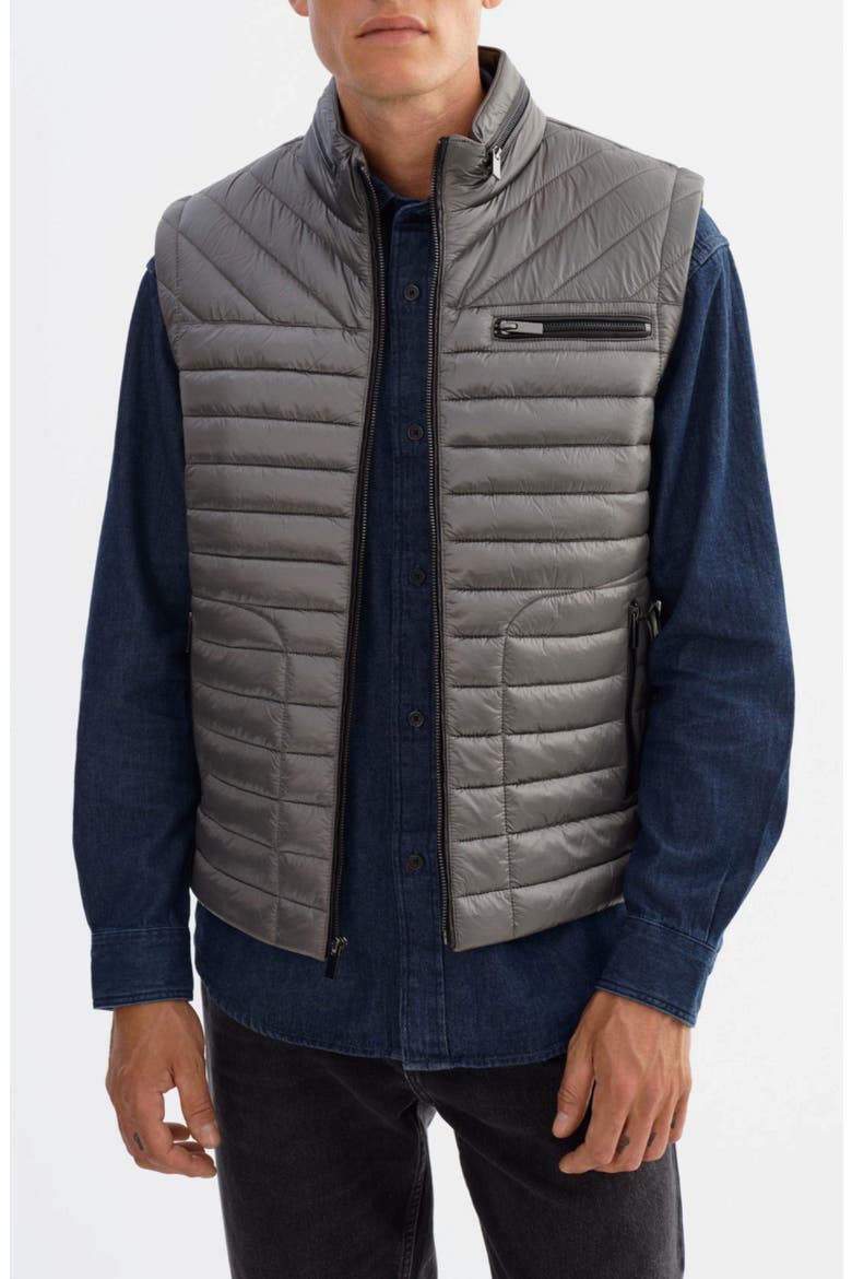 Sammy Quilted Nylon Puffer Vest with Leather Trim, Alternate, color, GREY