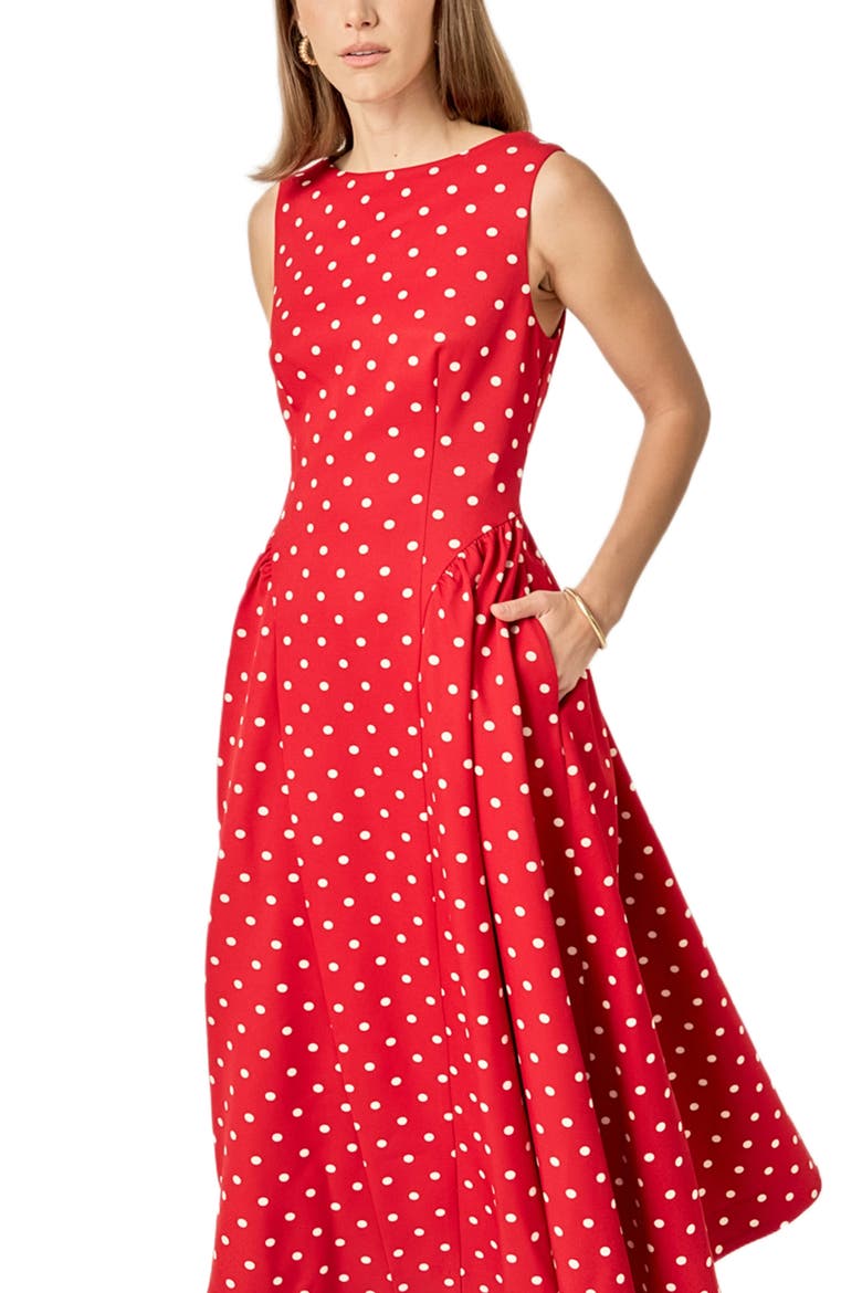 Dot Sleeveless Flare Midi Dress, Alternate, color, RED