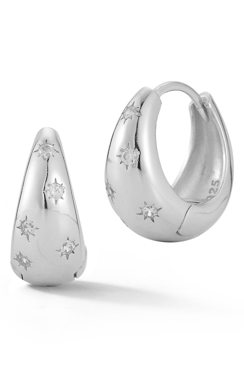SPHERA MILANO Graduated Star Huggie Hoop Earrings, Main, color, Silver