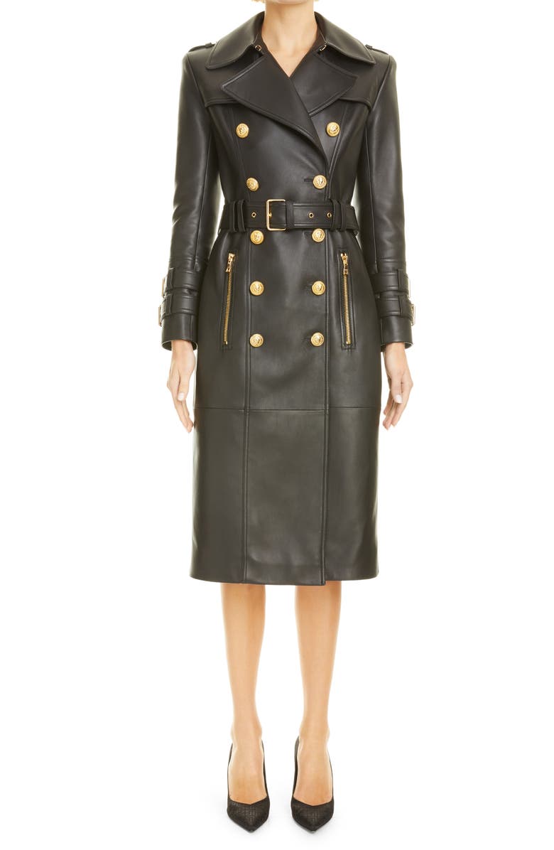Balmain Double Breasted Leather Trench Coat, Main, color,