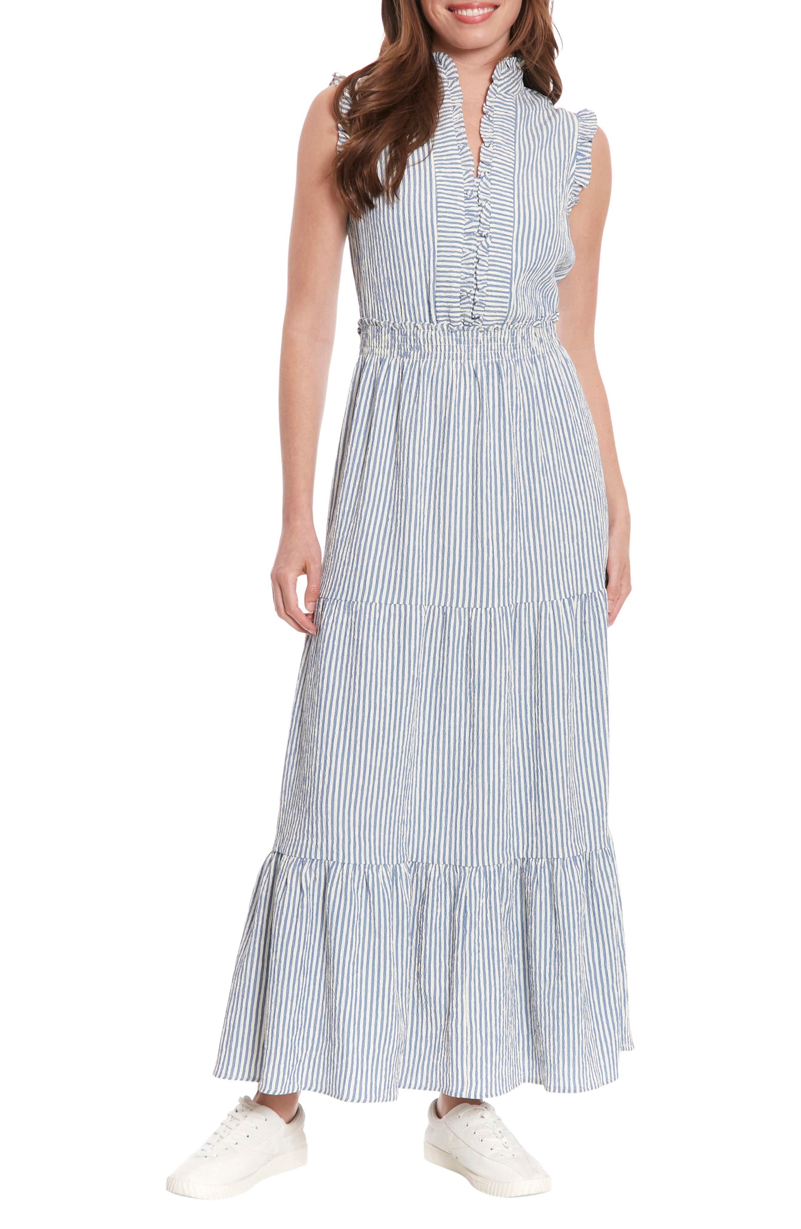 London Times Stripe Ruffle Tiered Maxi Dress