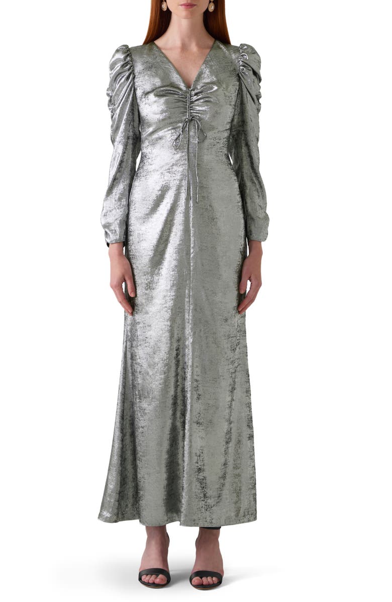 LK Bennett Lility Foil Long Sleeve Maxi Cocktail Dress, Main, color, Silver