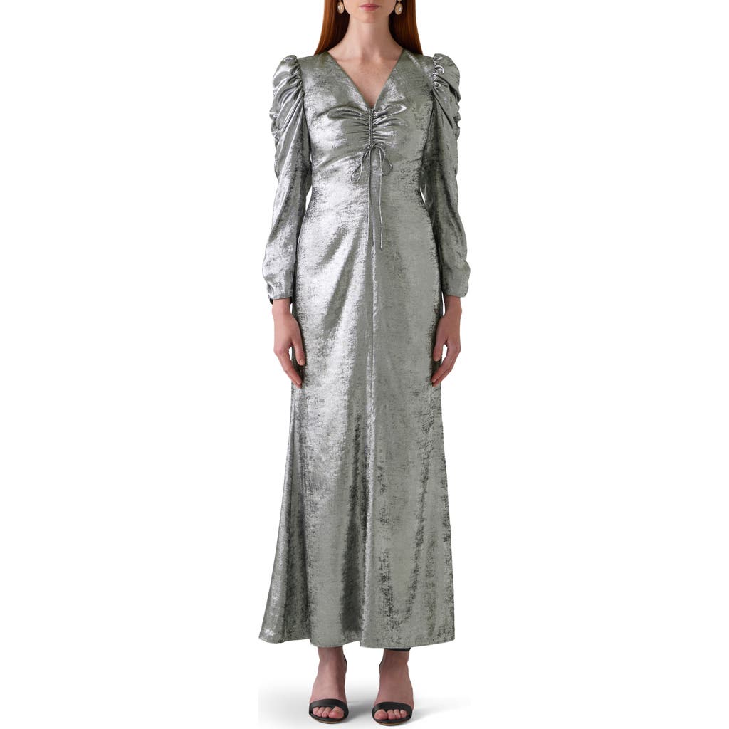 Lk Bennett Lility Foil Long Sleeve Maxi Cocktail Dress In Silver