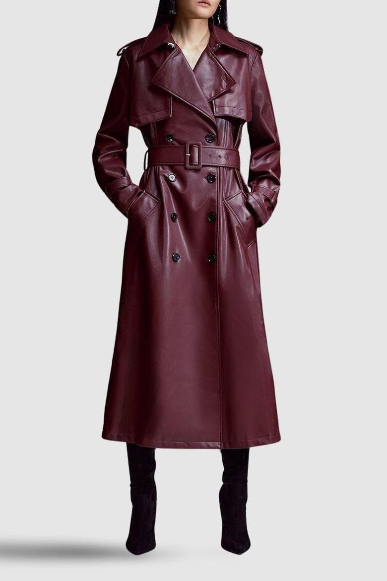 Tailored Faux Leather Belted Trench Coat, Alternate, color, Oxblood