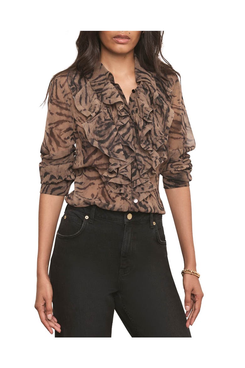 Ruffle Detail Button Down Blouse, Alternate, color, Brown