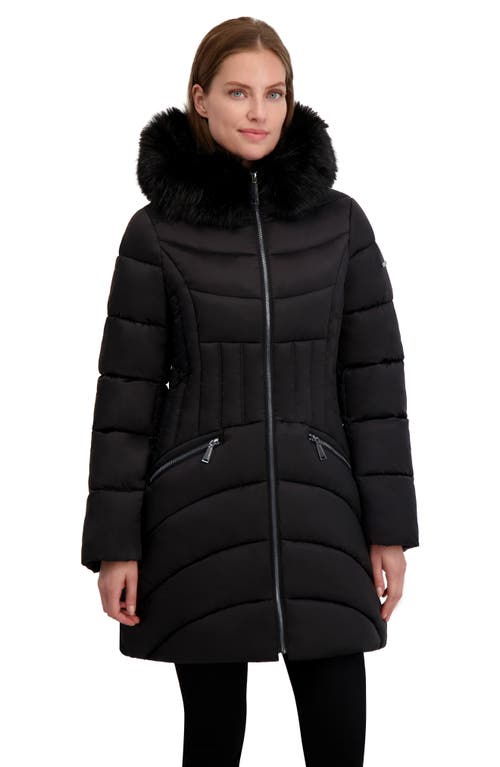 Laundry By Shelli Segal Puffer Jacket With Faux Fur Trim Hood In Black