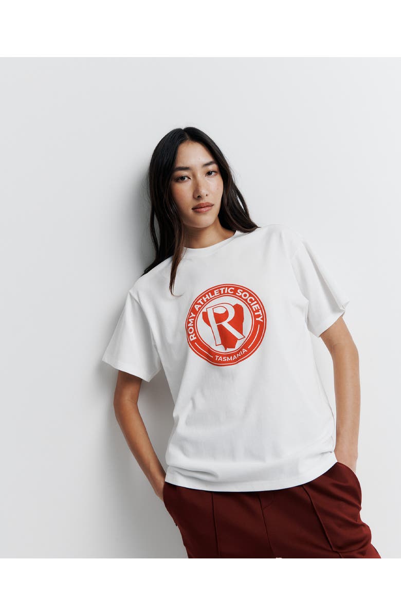 Romy the Brand Romy Athletic Society Heritage Tee, Main, color, White + Print