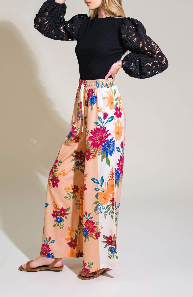 FLYING TOMATO Floral Wide Leg Drawstring Pants, Alternate, color, Ivory Taupe