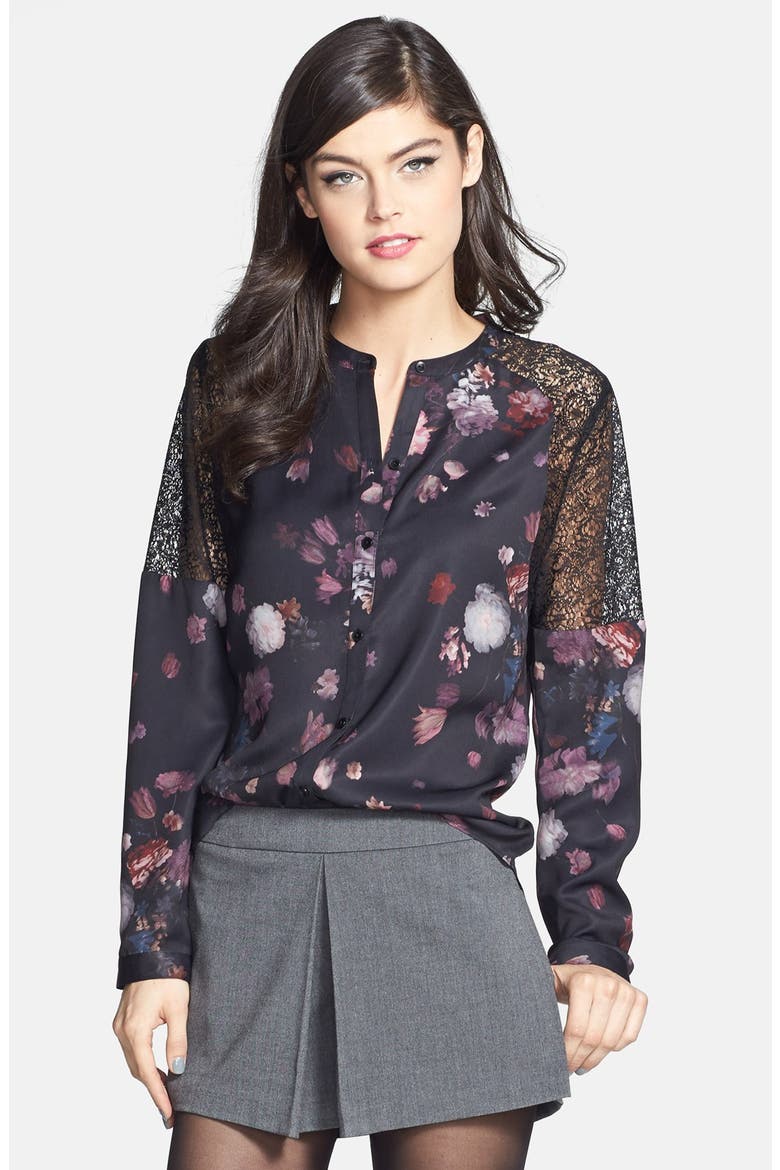 Lace Inset Blouse, Main, color, BLACK FLORAL