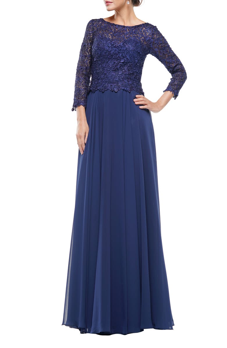 MARSONI Guipure Lace & Chiffon A-Line Gown, Main, color, 