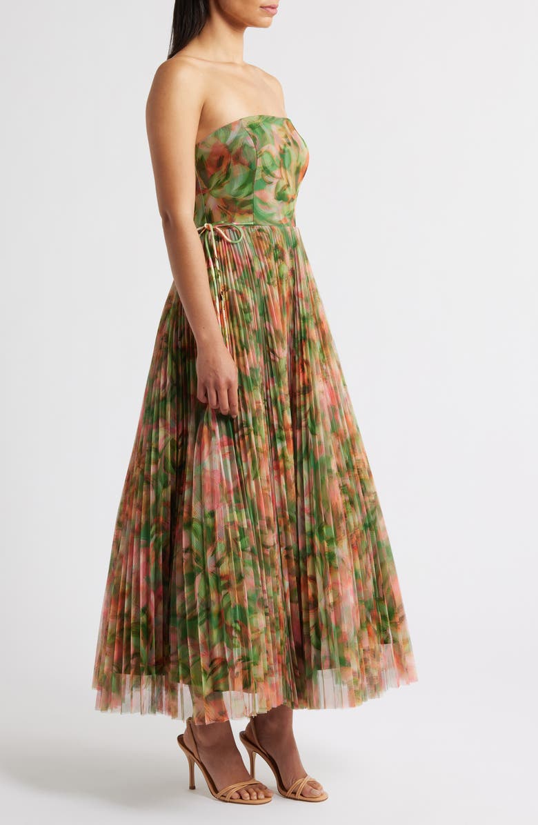 Hutch Pleated Strapless Mesh Gown, Alternate, color, Sage Jungle