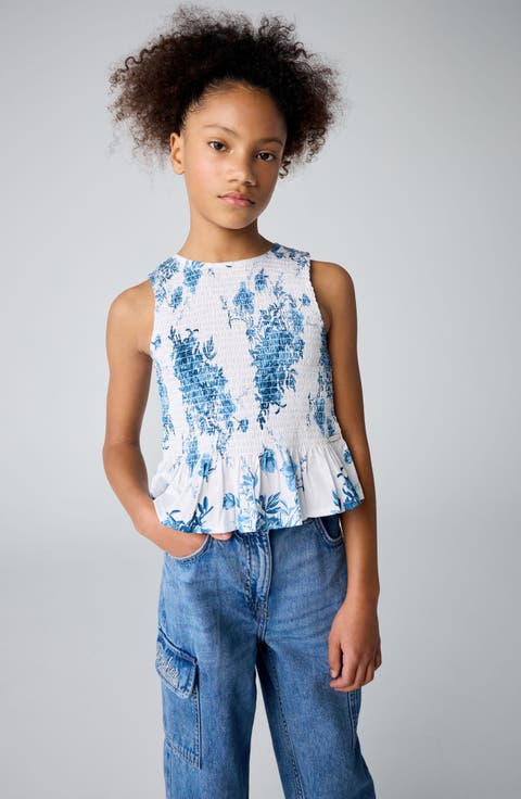 Kids' Floral Smocked Cotton Peplum Top (Big Kid)