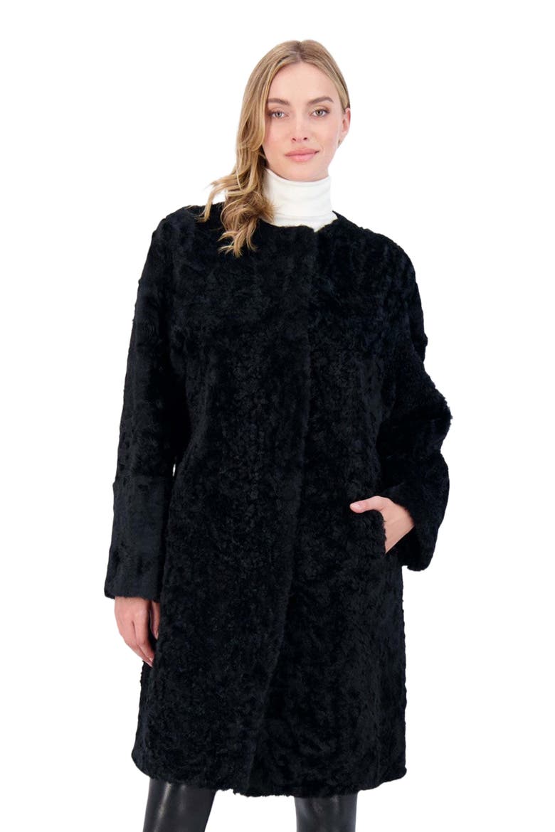 Reversible Collarless Genuine Shearling Short Coat, Alternate, color, BLACK/BLACK