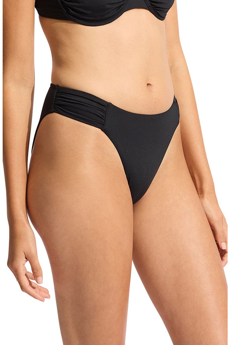 Ruched High Waist Bikini Bottoms, Alternate, color, BLACK