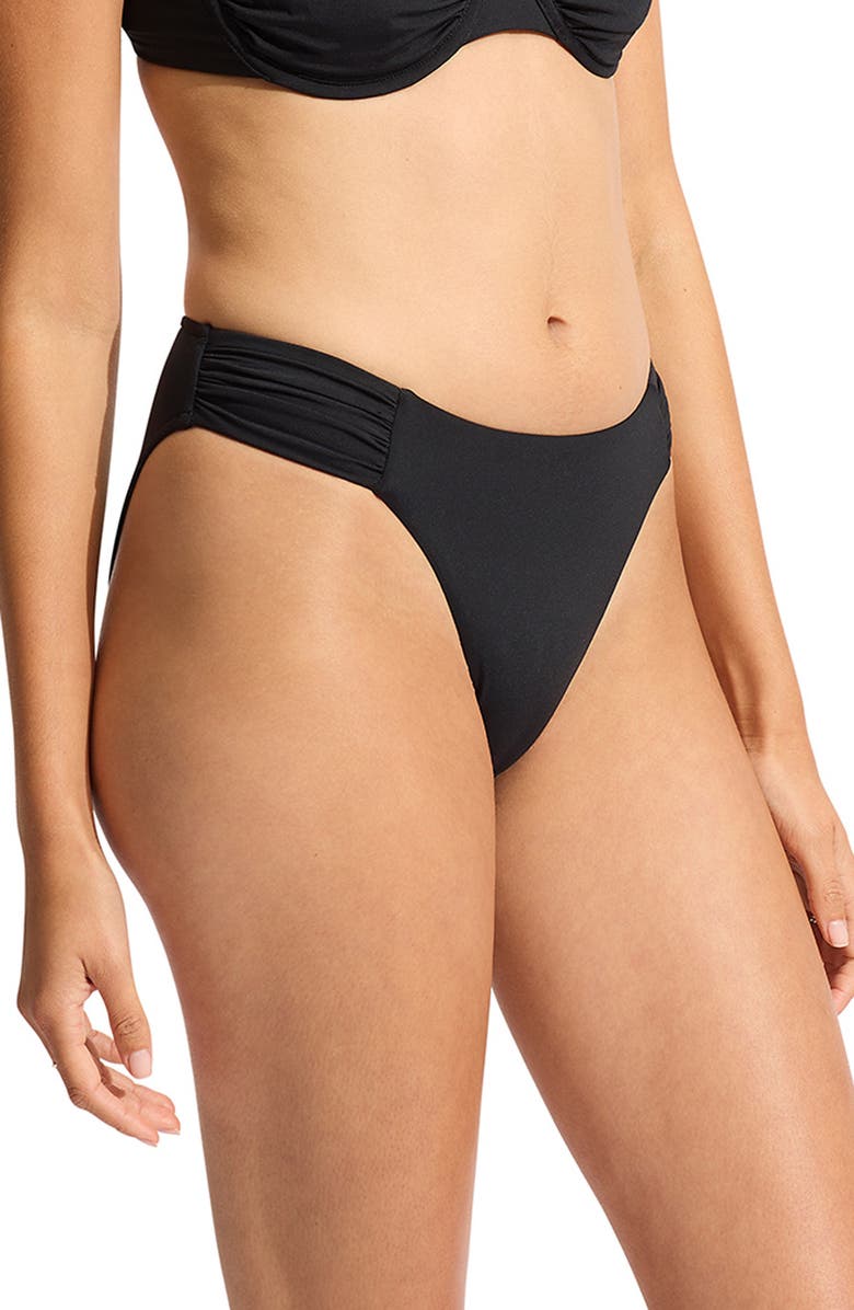 Seafolly Ruched High Cut Bikini Bottoms, Alternate, color, Black