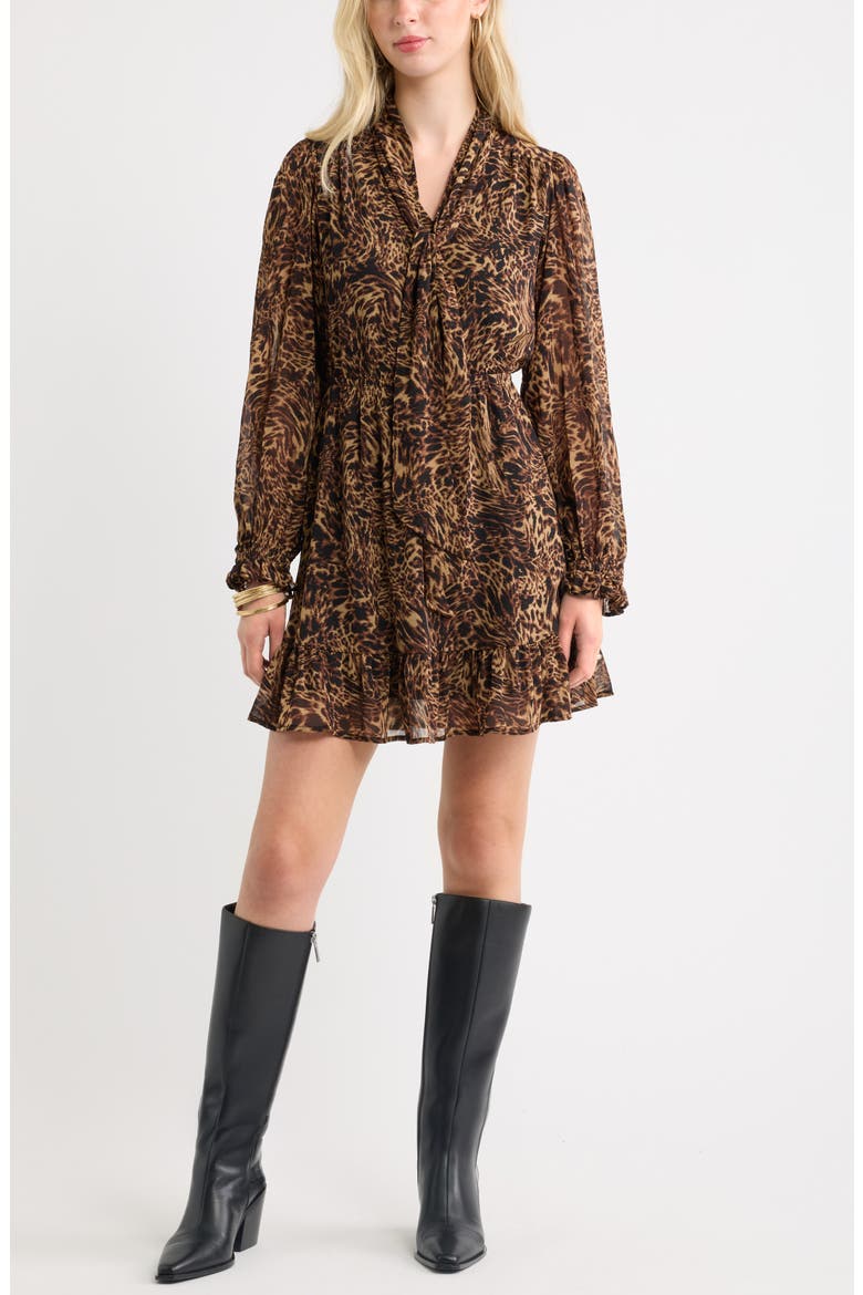 Tie Neck Long Sleeve Minidress, Main, color, TAN- BLACK LEOPARD ABSTRACT