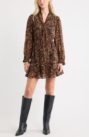 Treasure & Bond Tie Neck Long Sleeve Minidress