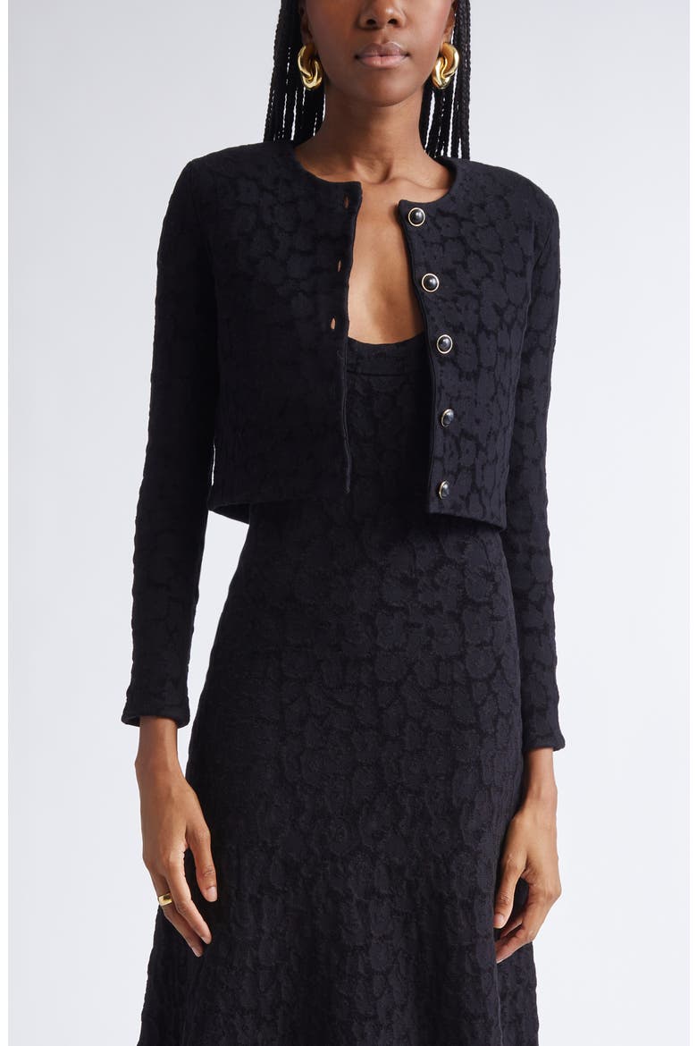 Leopard Jacquard Crop Cardigan Jacket, Main, color, BLACK MULTI