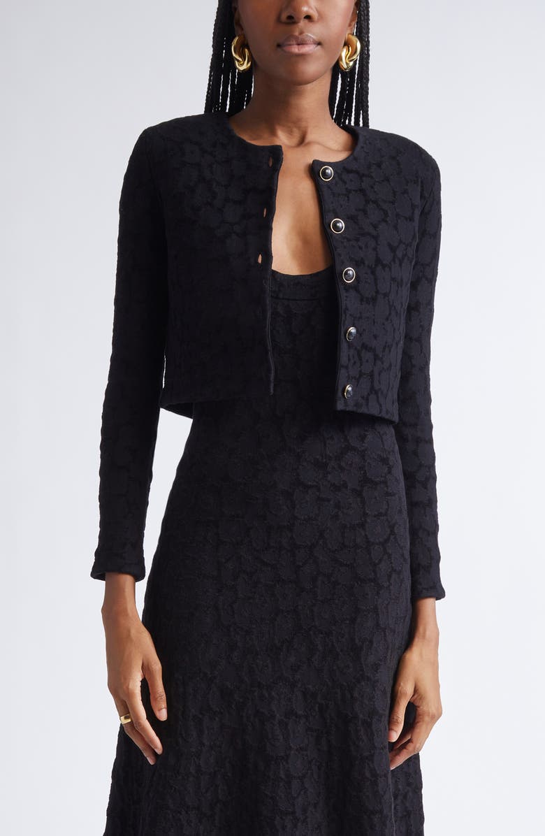 ST. JOHN Leopard Jacquard Crop Cardigan Jacket, Main, color, Black Multi