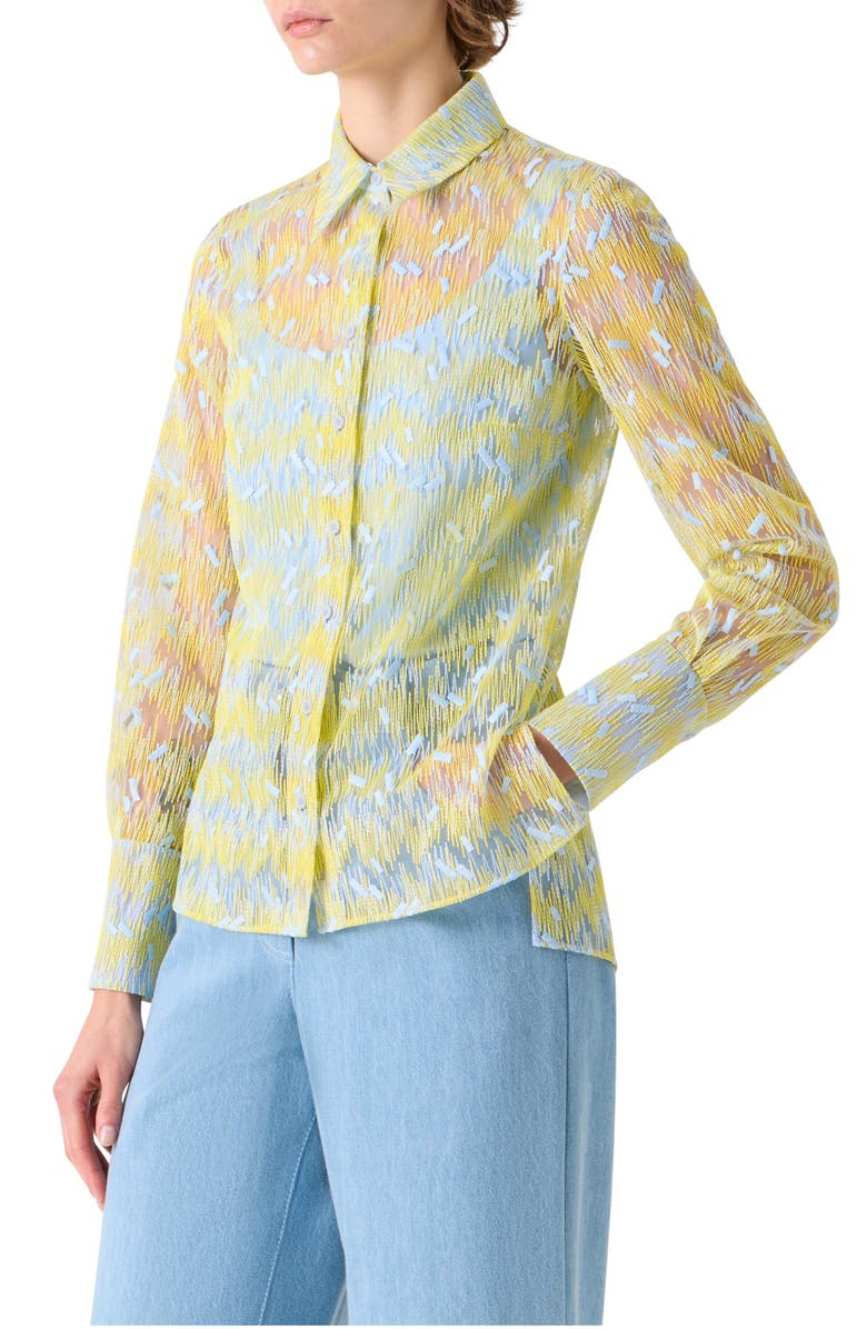 Akris punto Scribble Embroidered Sheer Tulle Button-Up Shirt, Alternate, color, Lemon Zing-Sky Blue