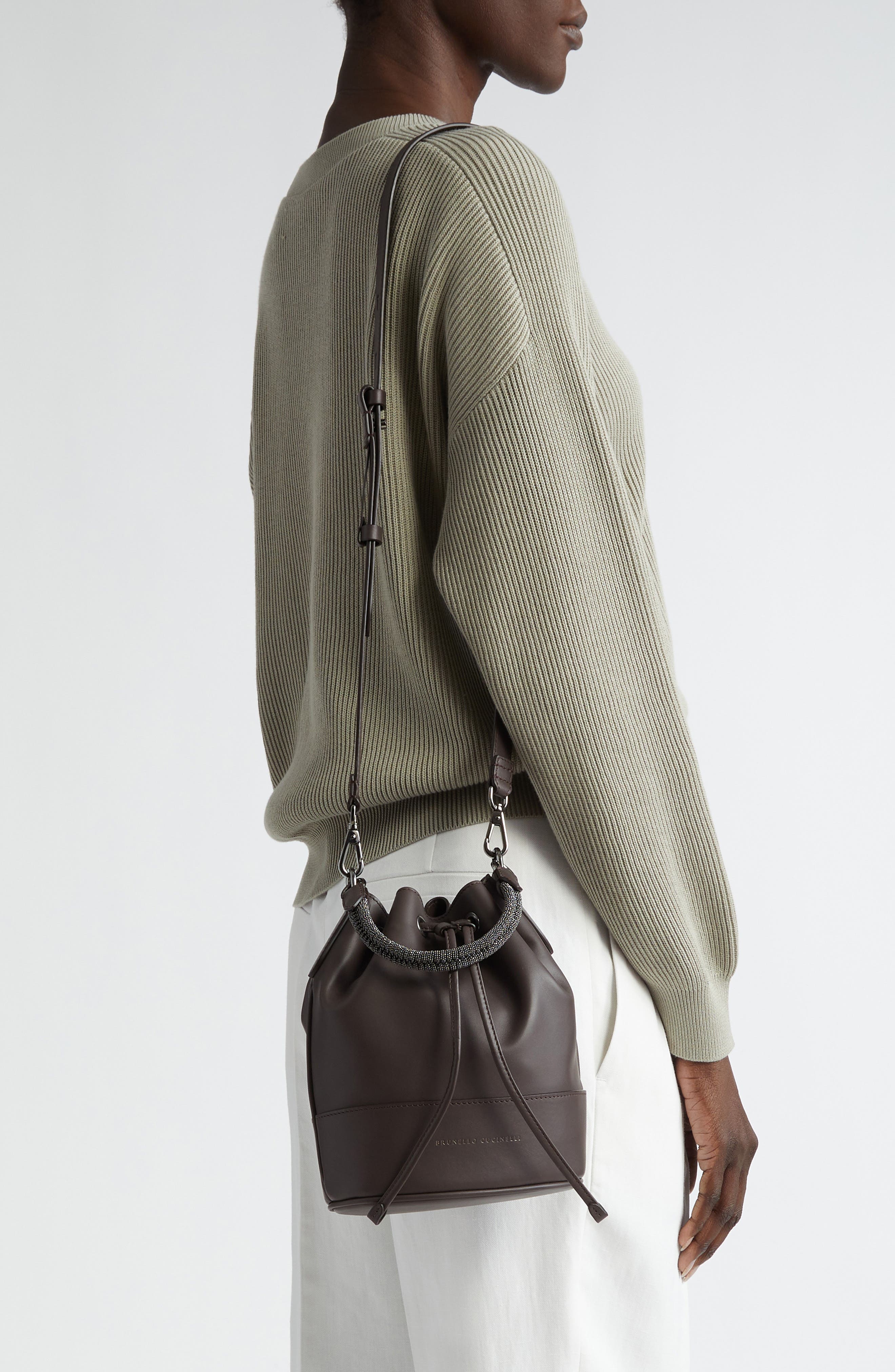 Brunello Cucinelli Monili Trim Leather Bucket Bag, Alternate, color, 