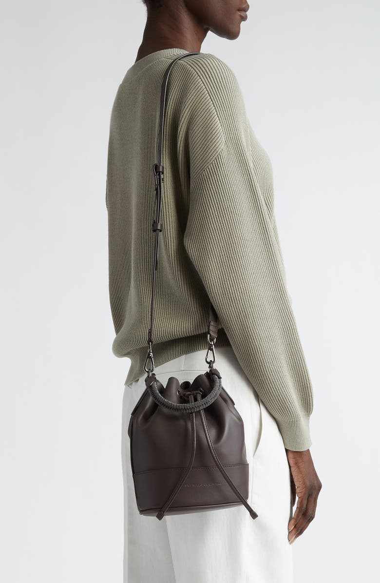 Brunello Cucinelli Monili Trim Leather Bucket Bag, Alternate, color,