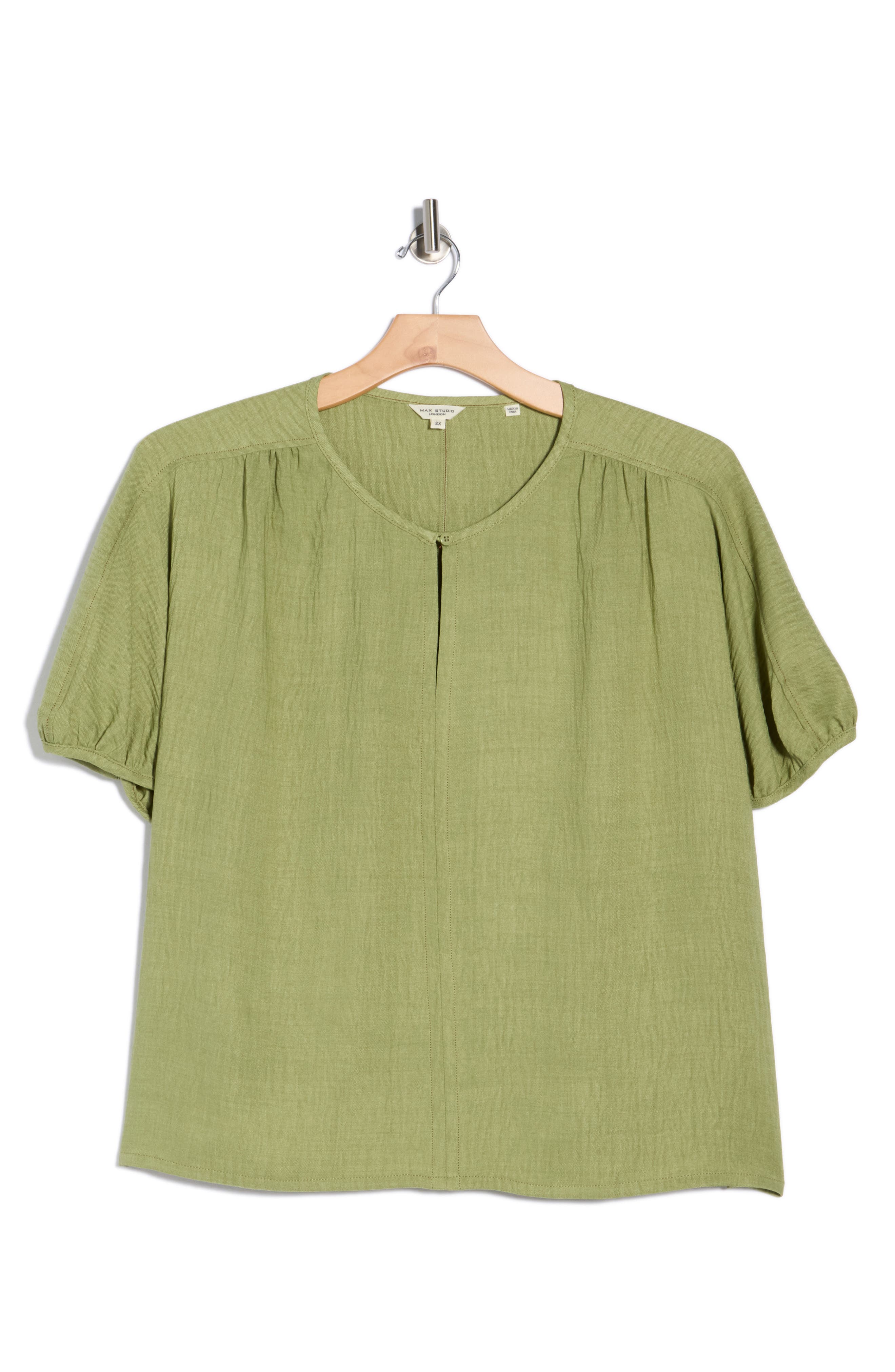 Max Studio Short Sleeve Split Neck Blouse In Green