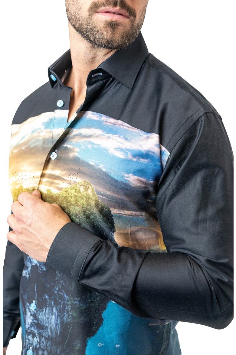 Fibonacci Skull Island Cotton Button-Up Shirt, Alternate, color, BLACK