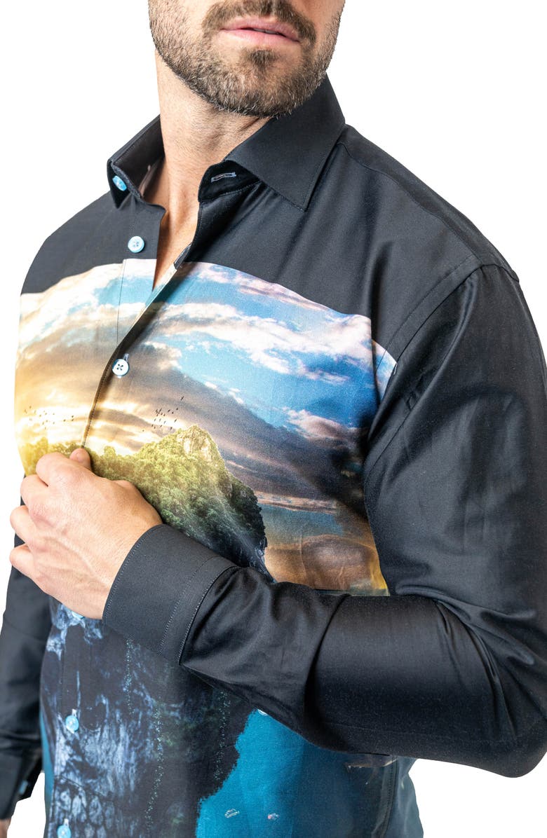 Maceoo Fibonacci Skull Island Cotton Button-Up Shirt, Alternate, color, Black