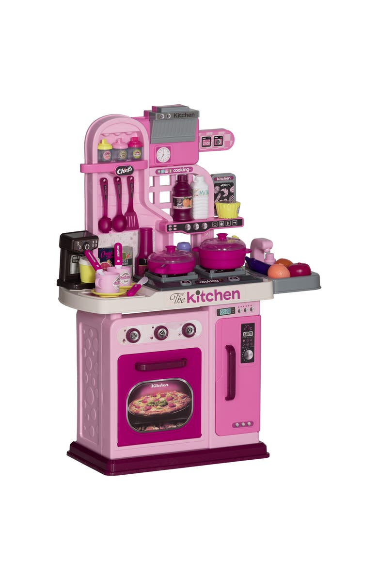 Qaba Kids Play Kitchen, Lights, Sounds, 33 Accessories, Storage, Main, color, Pink
