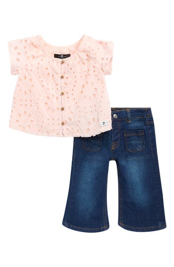 7 For All Mankind Eyelet Button-up Shirt & Jeans Set In Pink