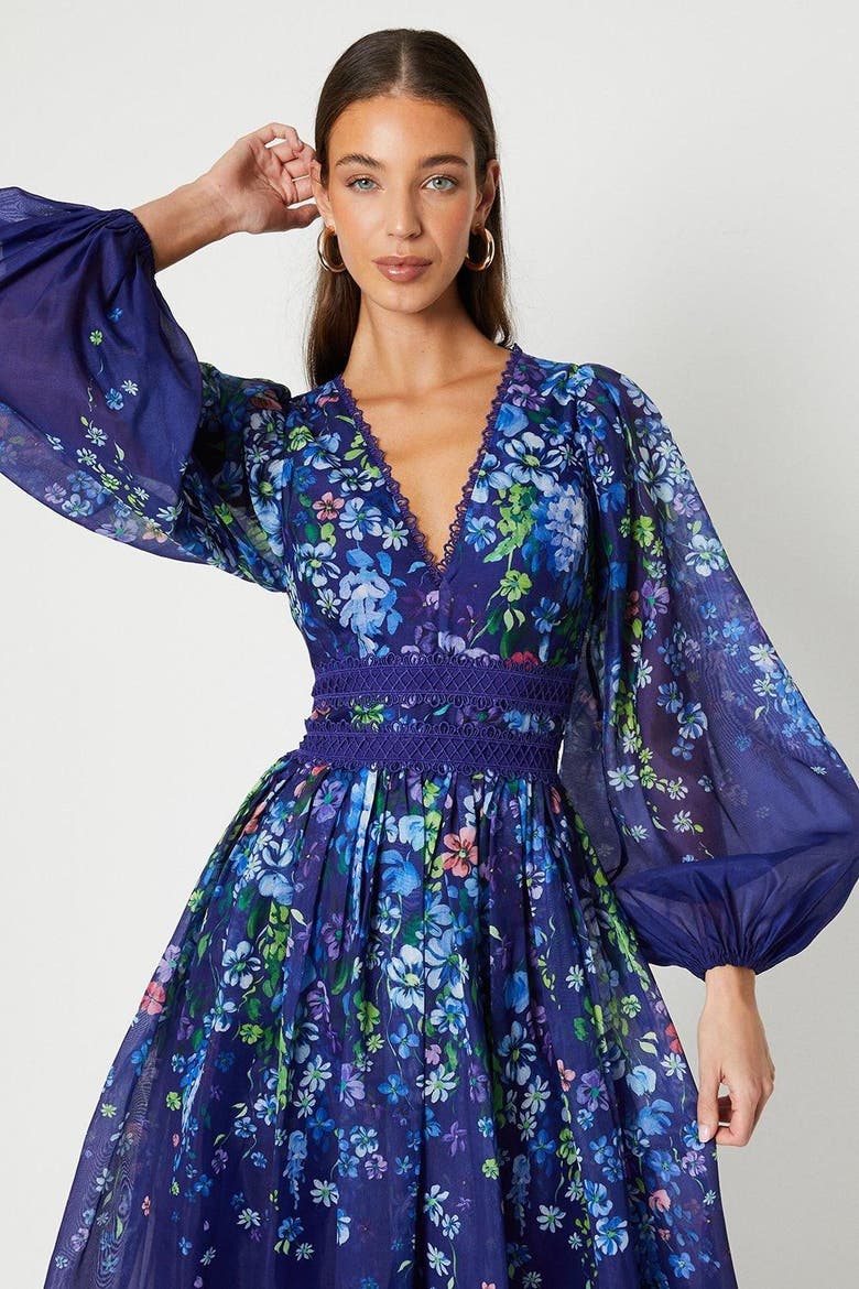 Organza Floral Lace Trim Midaxi Dress, Alternate, color, Navy