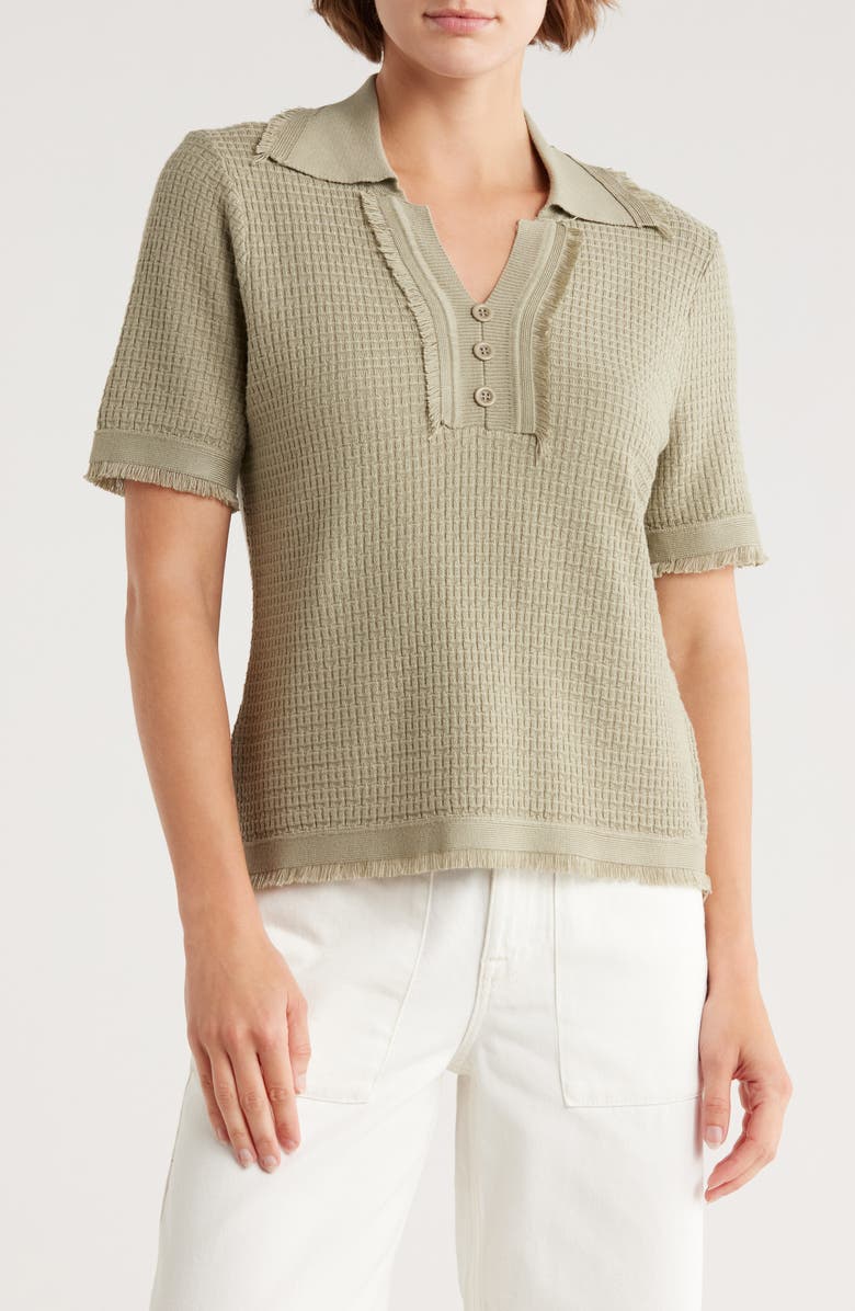 Adrianna Papell Frayed Edge Johnny Collar Polo, Main, color, Dusty Sage Green