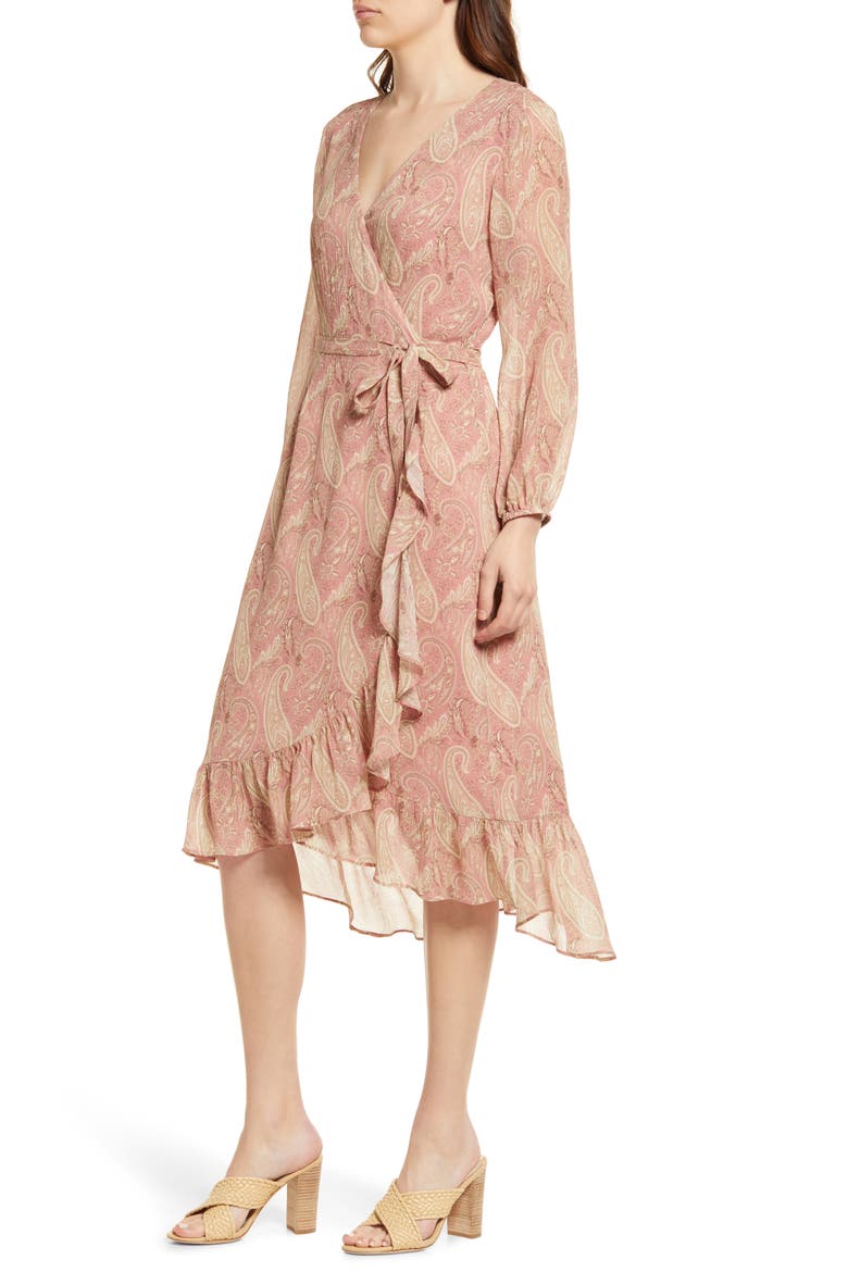 Long Sleeve Silk Georgette Wrap Dress, Alternate, color, LIPSTICK PINK / TAN