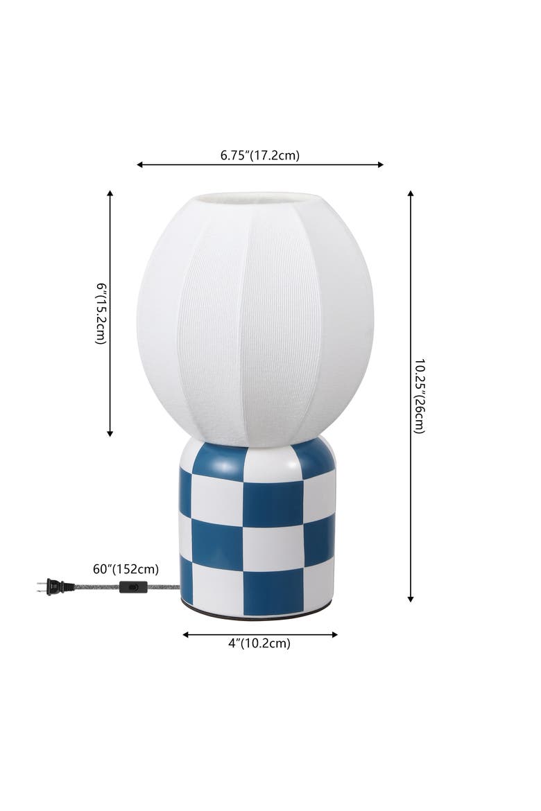 Valarie Contemporary Modern Checkerboard Ceramic with Ribbed Cocoon Globe Shade LED Mini Table Lamp, Alternate, color, Navy/White