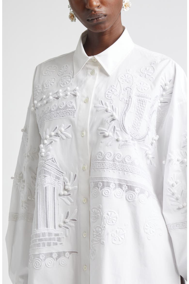 Oversize Embroidered Stretch Cotton Button-Up Shirt, Alternate, color, WHITE