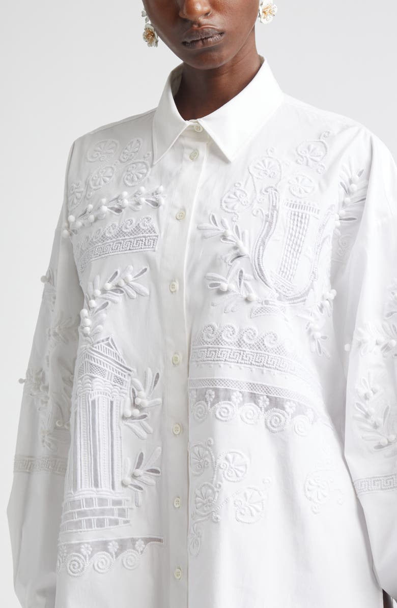 Carolina Herrera Oversize Embroidered Stretch Cotton Button-Up Shirt, Alternate, color, White