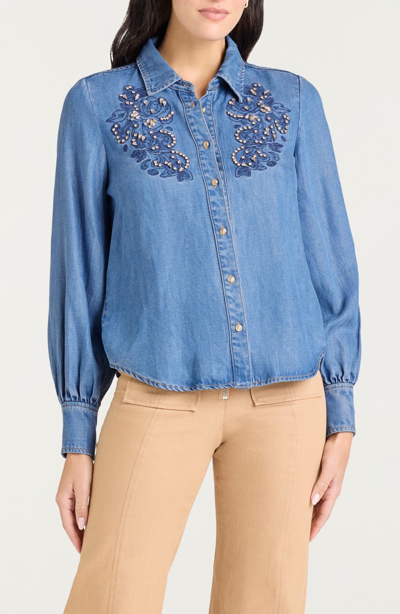 Cinq à Sept Rhinestone Embeliished Denim Button-Up Shirt, Main, color, Ciel