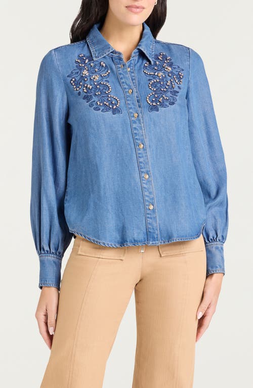 Cinq À Sept Rhinestone Embeliished Denim Button-up Shirt In Blue