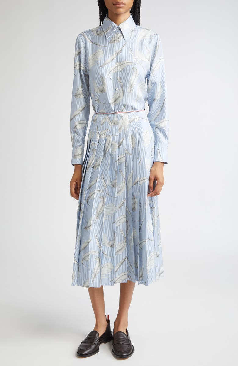 Thom Browne Feather Print Stripe Silk Button-Up Shirt, Alternate, color, Light Blue