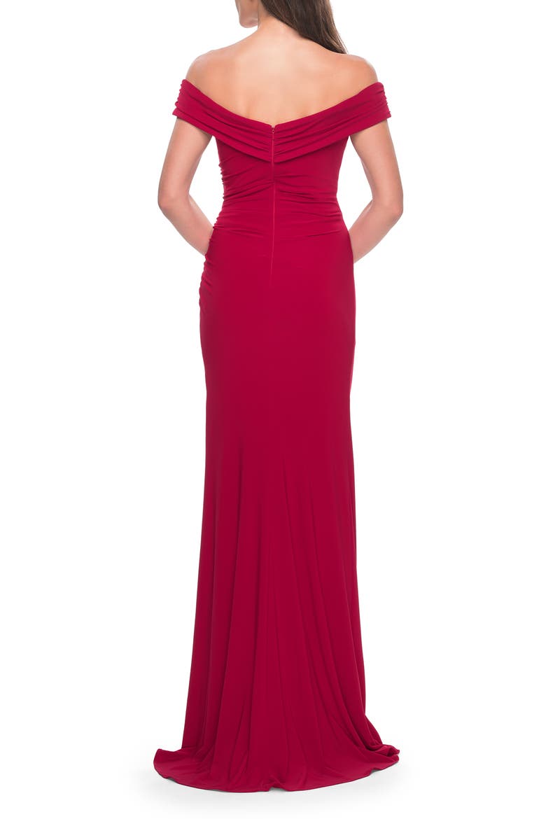 Off the Shoulder Jersey Dress with Ruching and Slit, Alternate, color, Red