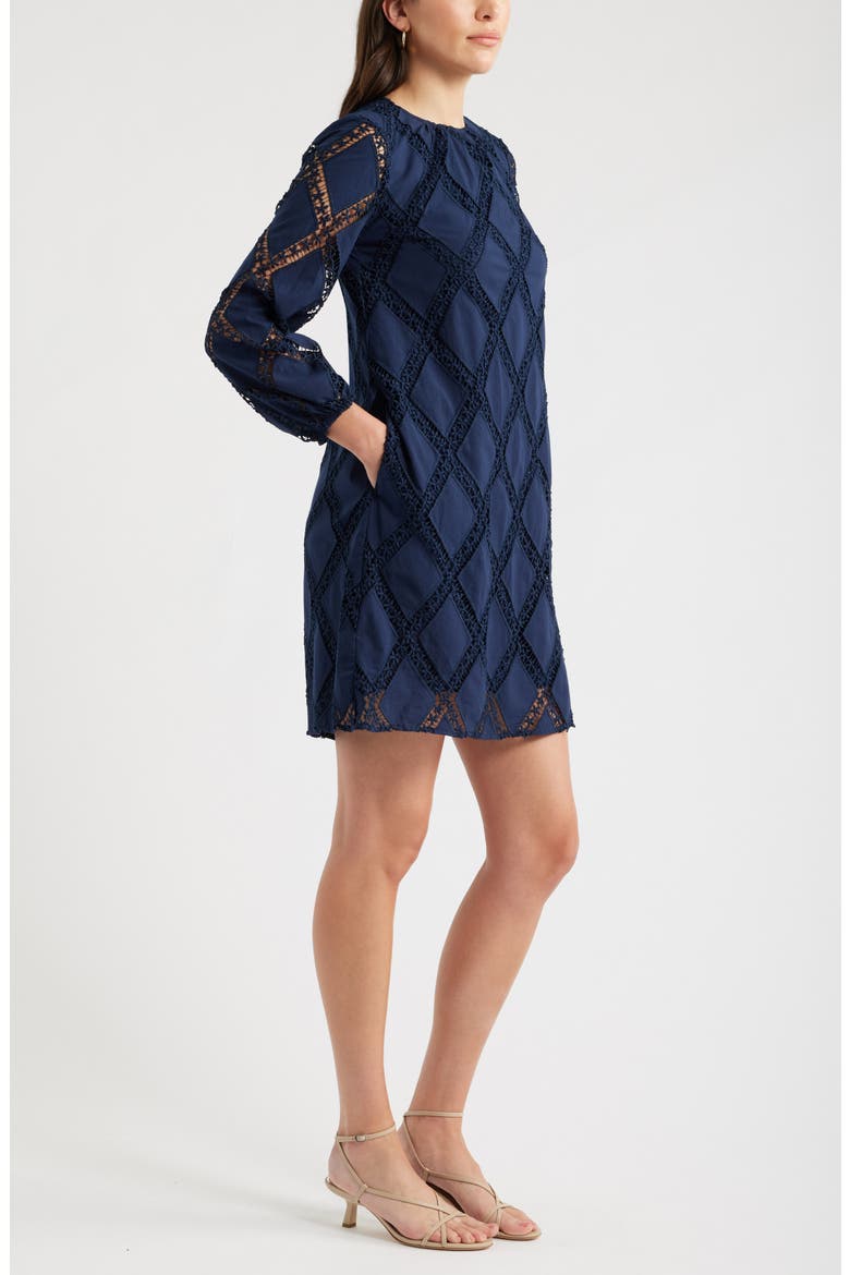 Lace Lattice Long Sleeve Cotton Dress, Alternate, color, NAVY STILL